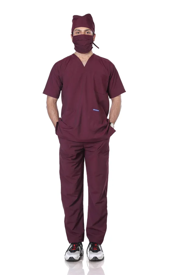 Wine_5_Pocket_V_Neck_Scrub_With_Cap_&_Mask_For_Men
