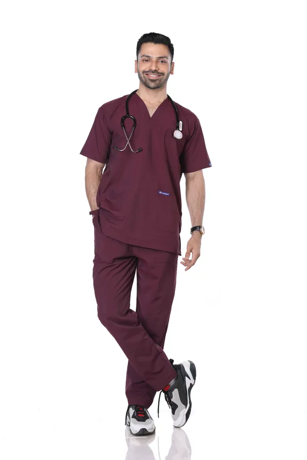 Wine_5_Pocket_V_Neck_Scrub_With_Cap_&_Mask_For_Men