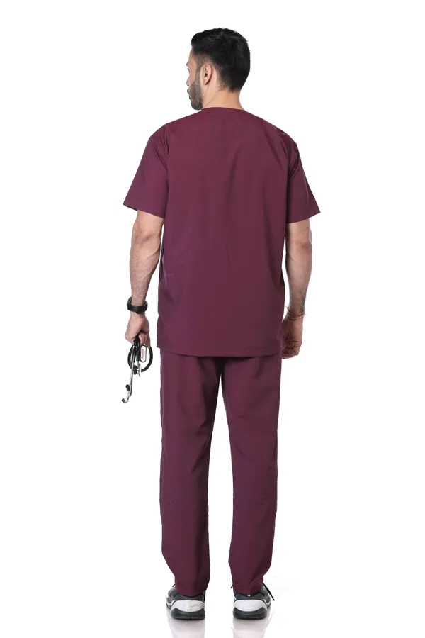 Wine_5_Pocket_V_Neck_Scrub_With_Cap_&_Mask_For_Men