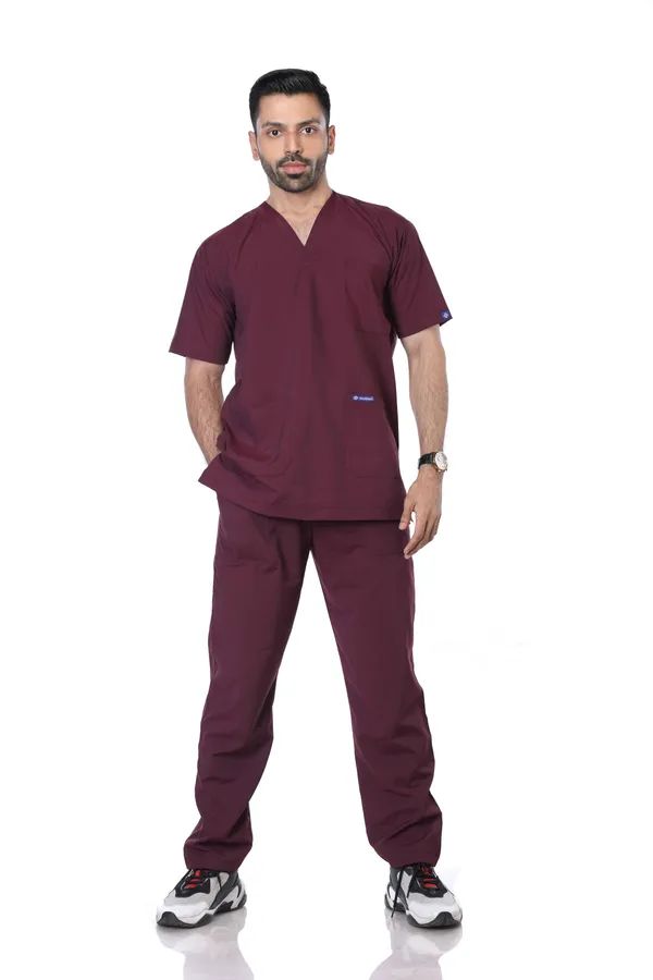 Wine_5_Pocket_V_Neck_Scrub_With_Cap_&_Mask_For_Men
