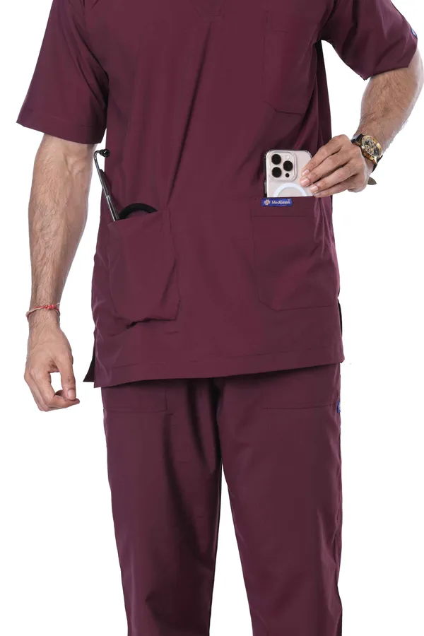 Wine_5_Pocket_V_Neck_Scrub_With_Cap_&_Mask_For_Men
