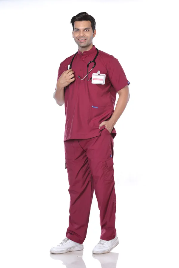 Maroon_9_Pocket_Mandarin_Collar_Scrub_With_Cap_&_Mask_For_Men