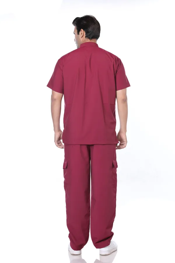 Maroon_9_Pocket_Mandarin_Collar_Scrub_With_Cap_&_Mask_For_Men