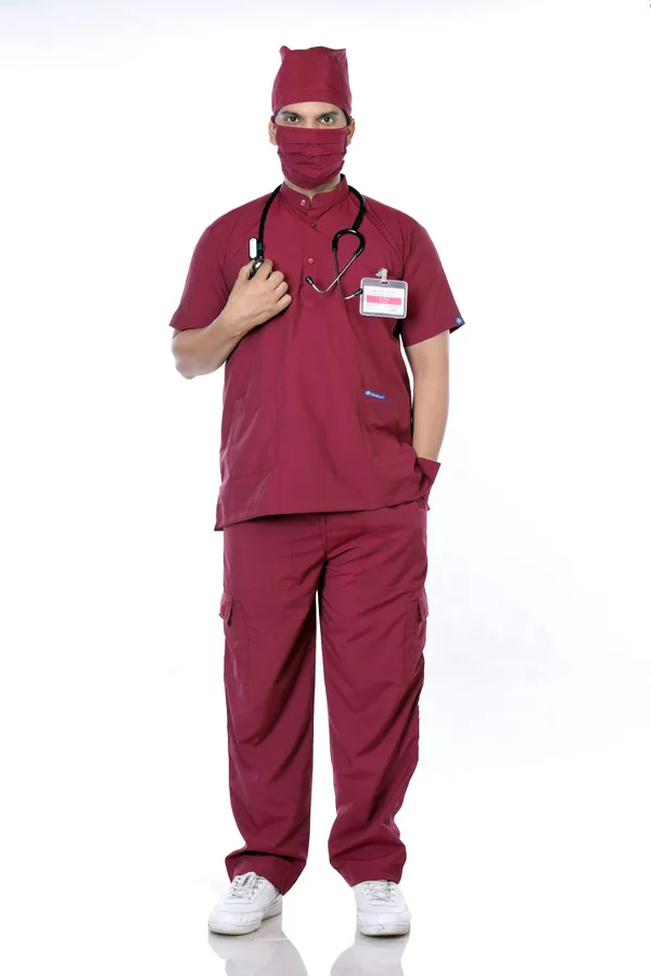 Maroon_9_Pocket_Mandarin_Collar_Scrub_With_Cap_&_Mask_For_Men
