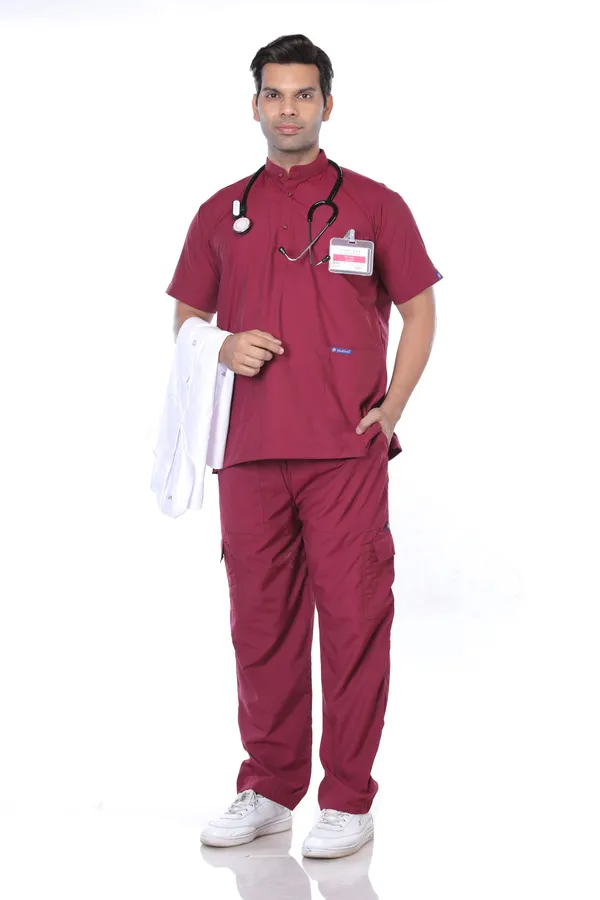 Maroon_9_Pocket_Mandarin_Collar_Scrub_With_Cap_&_Mask_For_Men