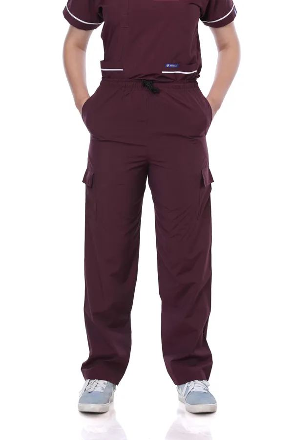 Wine_9_Pocket_Mandarin_Collar_Scrub_With_Cap_&_Mask_For_Women