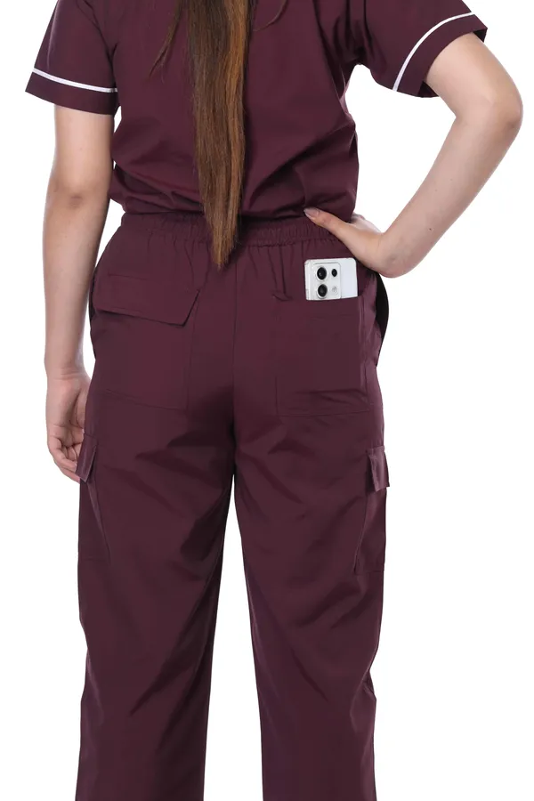 Wine_9_Pocket_Mandarin_Collar_Scrub_With_Cap_&_Mask_For_Women