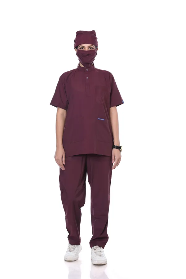 Wine_9_Pocket_Mandarin_Collar_Scrub_With_Cap_&_Mask_For_Women