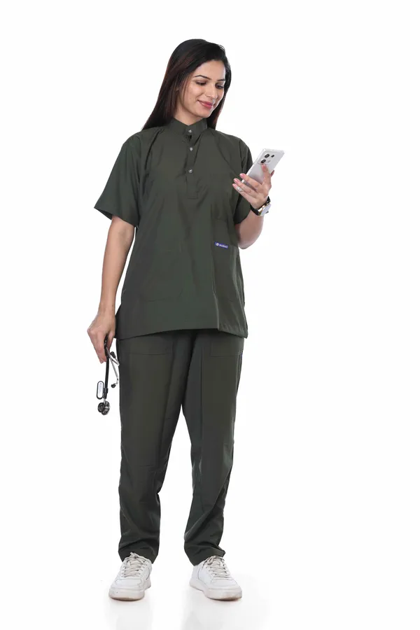 Forest_Green_9_Pocket_Mandarin_Collar_Scrub_With_Cap_&_Mask_For_Women