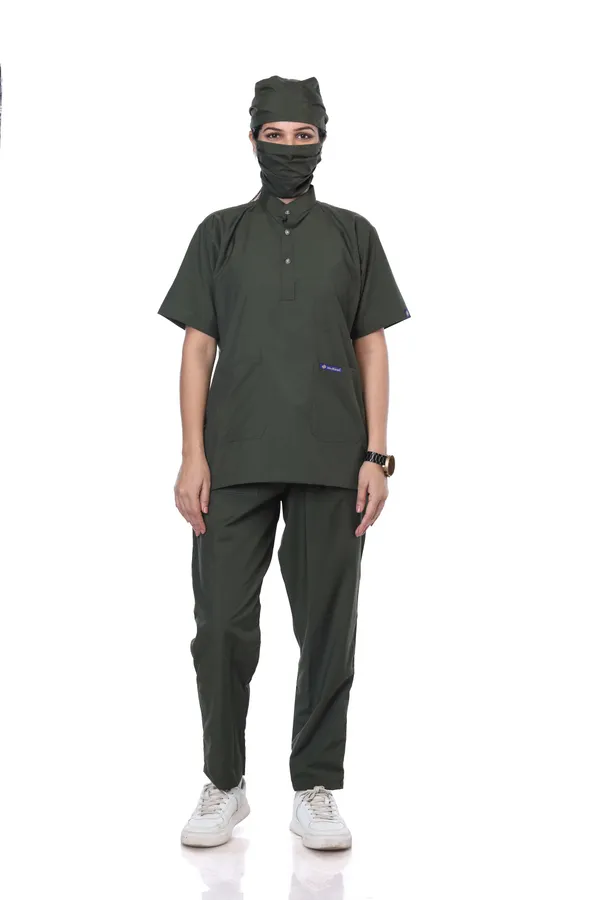 Forest_Green_9_Pocket_Mandarin_Collar_Scrub_With_Cap_&_Mask_For_Women