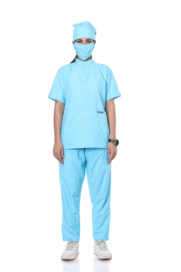 Pastel_Blue_7_Pocket_Mandarin_Collar_Scrub_With_Cap_&_Mask_For_Women