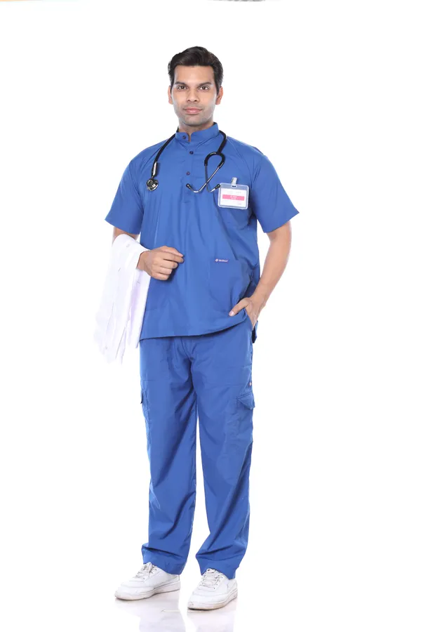 Royal_Blue_9_Pocket_Mandarin_Collar_Scrub_With_Cap_&_Mask_For_Men