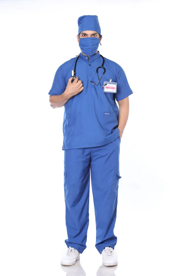 Royal_Blue_9_Pocket_Mandarin_Collar_Scrub_With_Cap_&_Mask_For_Men