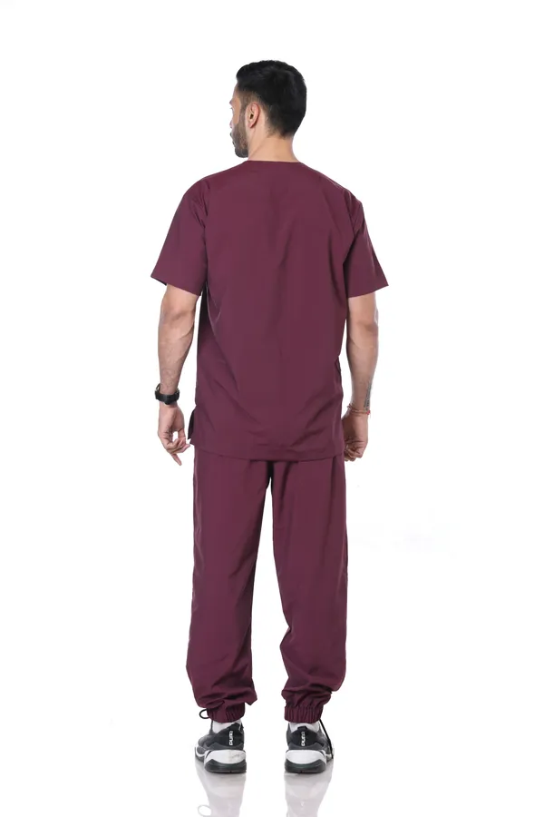 Wine_7_Pocket_Mandarin_Collar_Scrub_With_Cap_&_Mask_For_Men