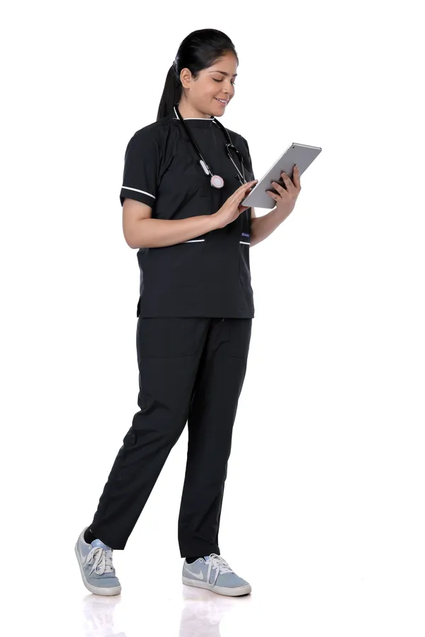 Black_5_Pocket_Biofit_Collar_Scrub_With_Cap_&_Mask_For_Women