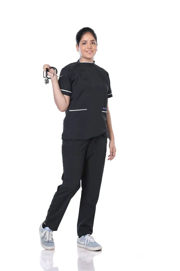 Black_5_Pocket_Biofit_Collar_Scrub_With_Cap_&_Mask_For_Women