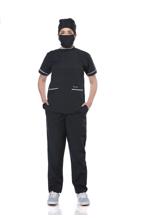 Black_5_Pocket_Biofit_Collar_Scrub_With_Cap_&_Mask_For_Women