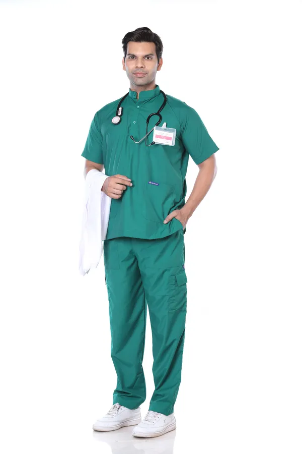 Green_9_Pocket_Mandarin_Collar_Scrub_With_Cap_&_Mask_For_Men
