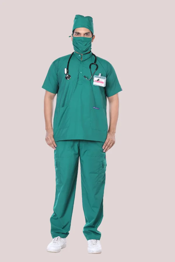 Green_9_Pocket_Mandarin_Collar_Scrub_With_Cap_&_Mask_For_Men