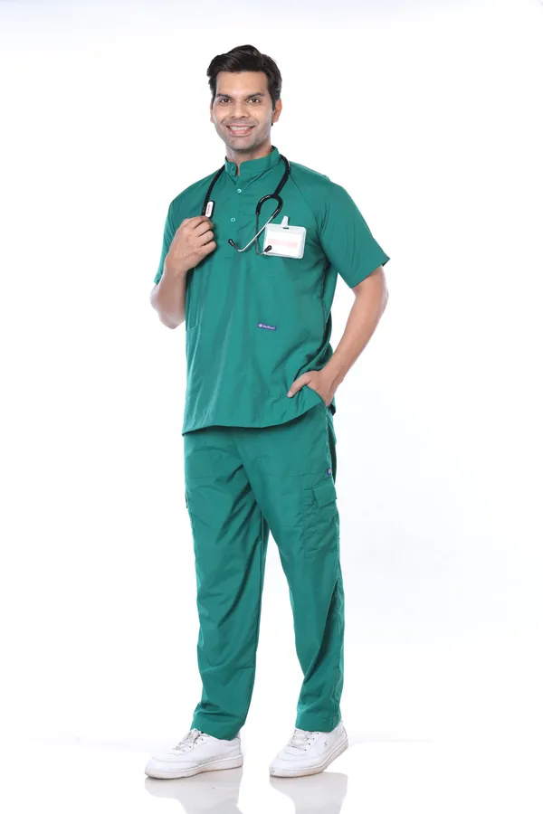 Green_9_Pocket_Mandarin_Collar_Scrub_With_Cap_&_Mask_For_Men