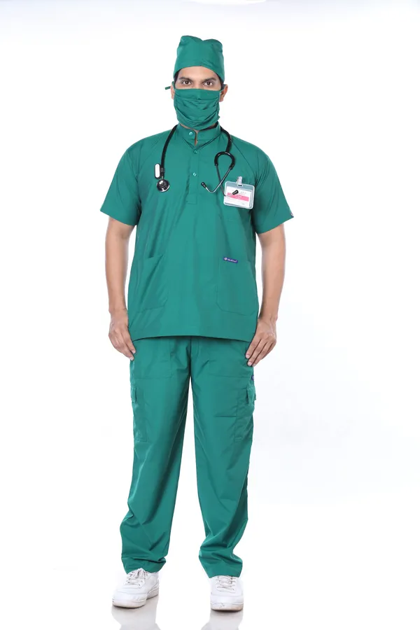 Green_9_Pocket_Mandarin_Collar_Scrub_With_Cap_&_Mask_For_Men