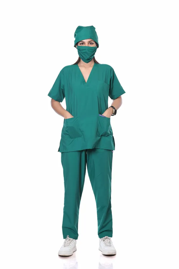Green_5_Pocket_V_Neck_Scrub_With_Cap_&_Mask_For_Women