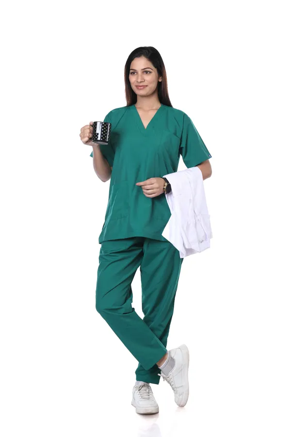 Green_5_Pocket_V_Neck_Scrub_With_Cap_&_Mask_For_Women
