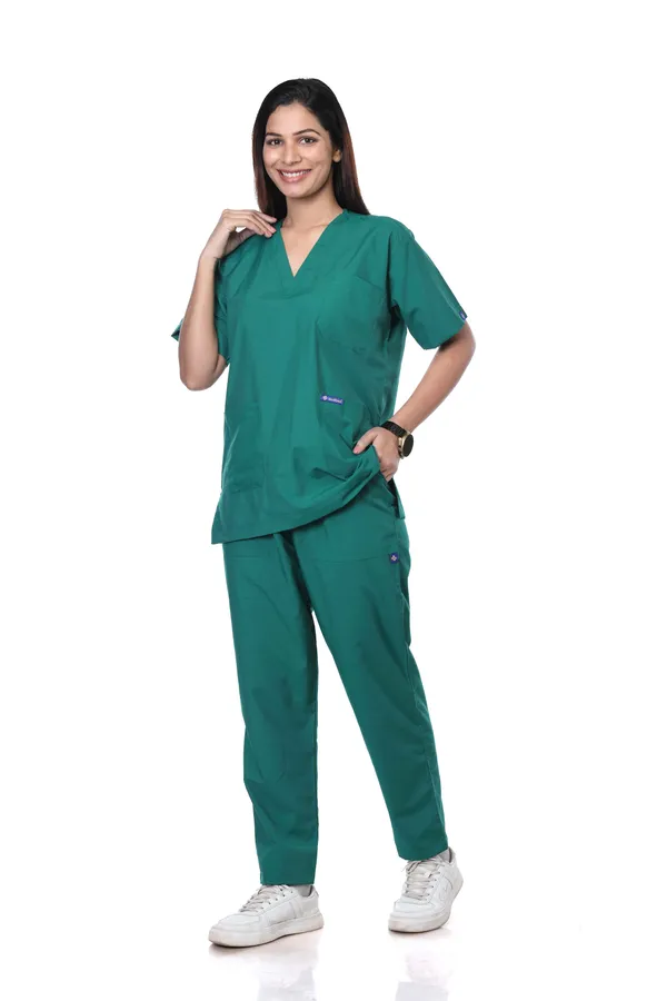 Green_5_Pocket_V_Neck_Scrub_With_Cap_&_Mask_For_Women