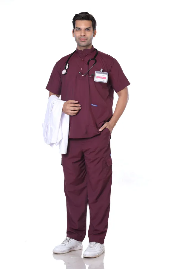 Wine_9_Pocket_Mandarin_Collar_Scrub_With_Cap_&_Mask_For_Men