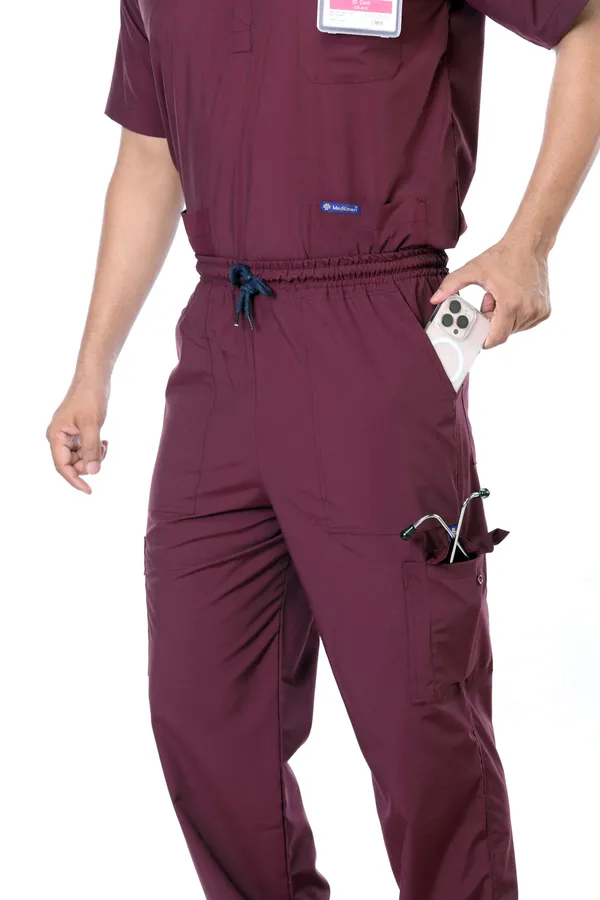 Wine_9_Pocket_Mandarin_Collar_Scrub_With_Cap_&_Mask_For_Men