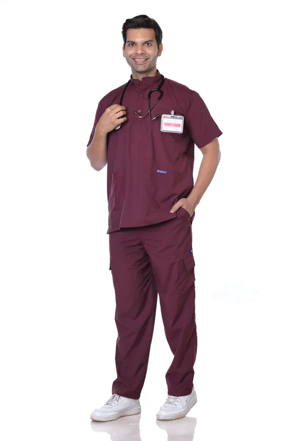 Wine_9_Pocket_Mandarin_Collar_Scrub_With_Cap_&_Mask_For_Men