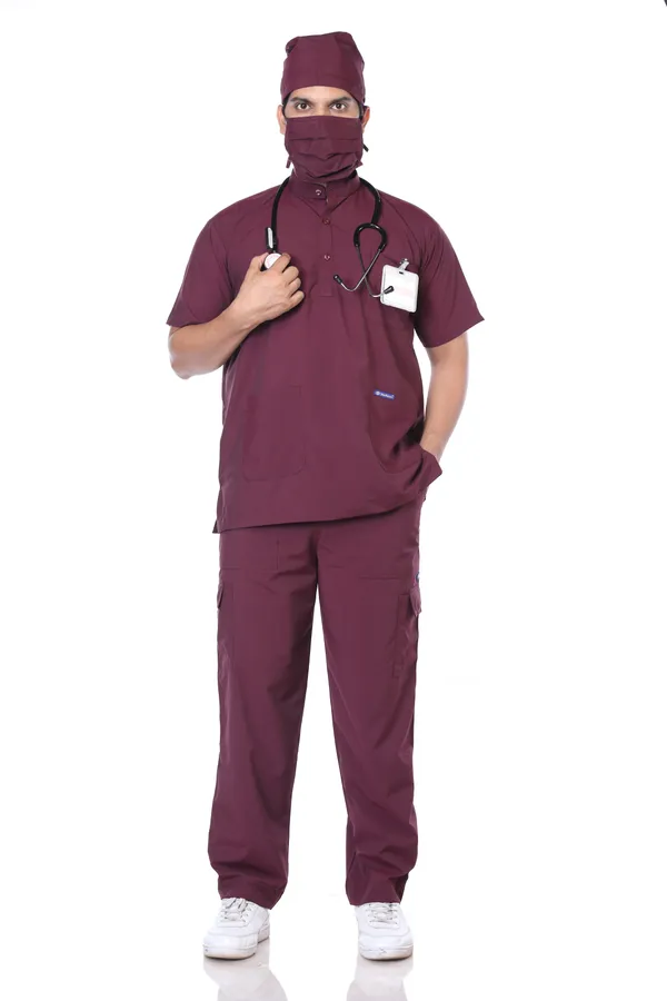 Wine_9_Pocket_Mandarin_Collar_Scrub_With_Cap_&_Mask_For_Men