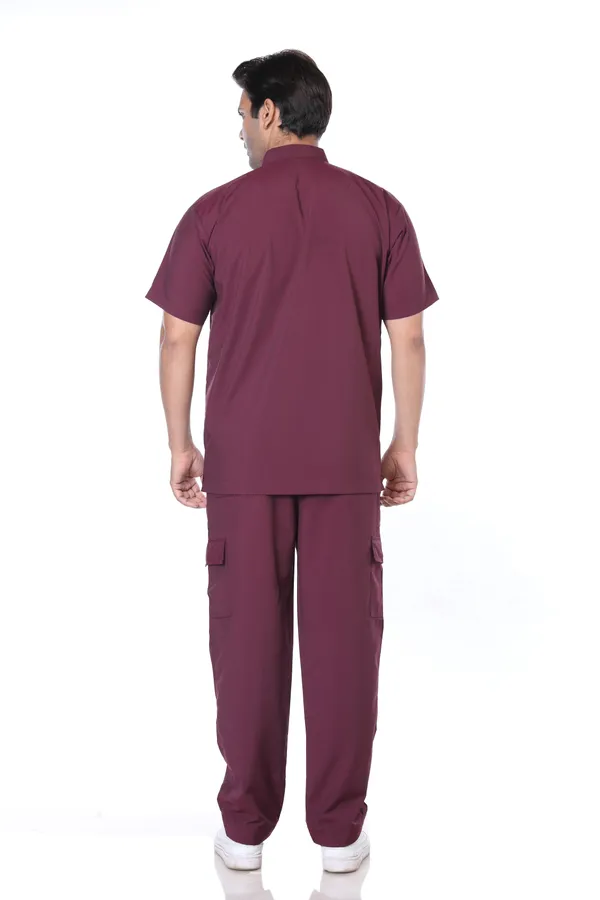 Wine_9_Pocket_Mandarin_Collar_Scrub_With_Cap_&_Mask_For_Men