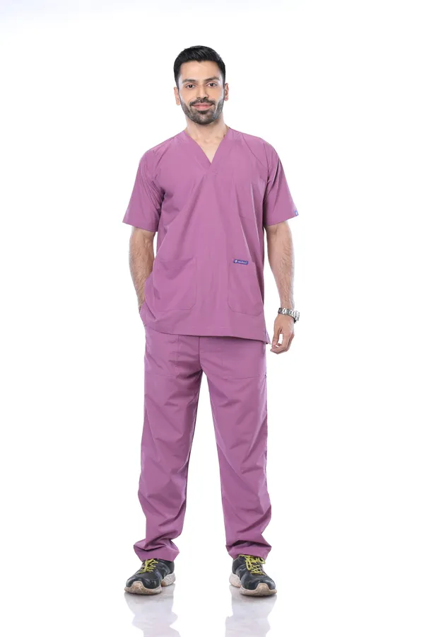 Misty_Pink_9_Pocket_Scrub_V_Neck_With_Cap_&_Mask_For_Men