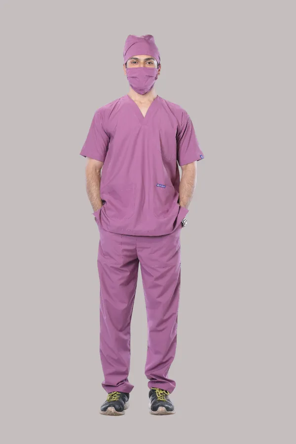 Misty_Pink_9_Pocket_Scrub_V_Neck_With_Cap_&_Mask_For_Men