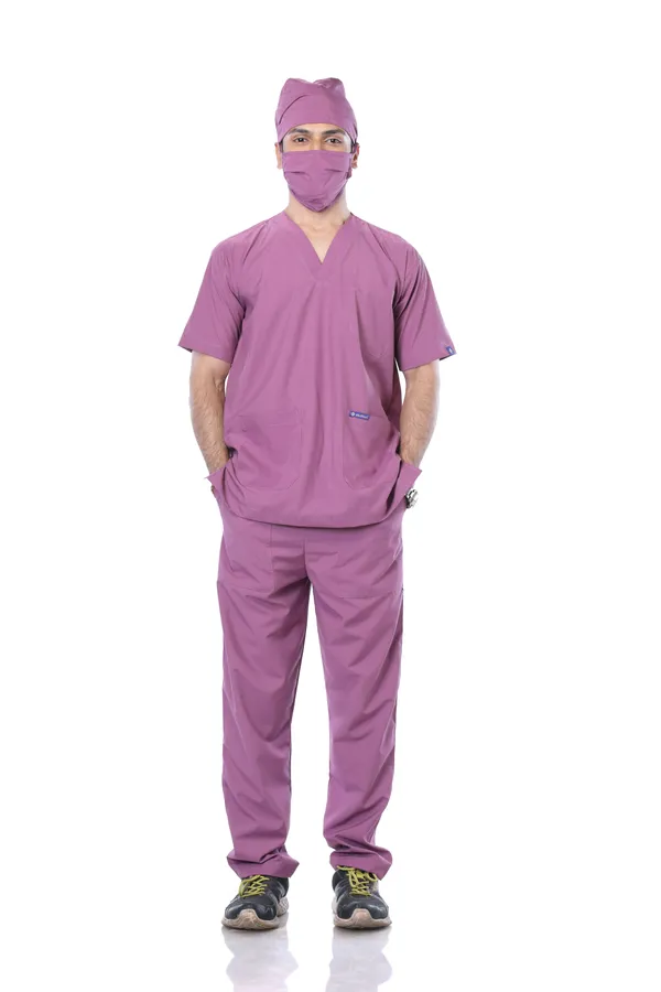 Misty_Pink_9_Pocket_Scrub_V_Neck_With_Cap_&_Mask_For_Men