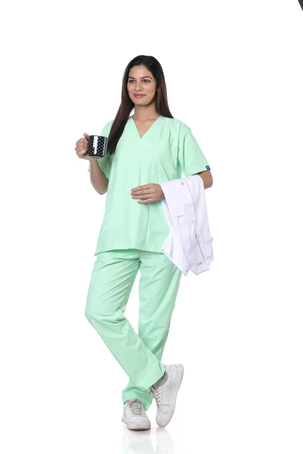 Pastel_Green_9_Pocket_Scrub_V_Neck_With_Cap_&_Mask_For_Women