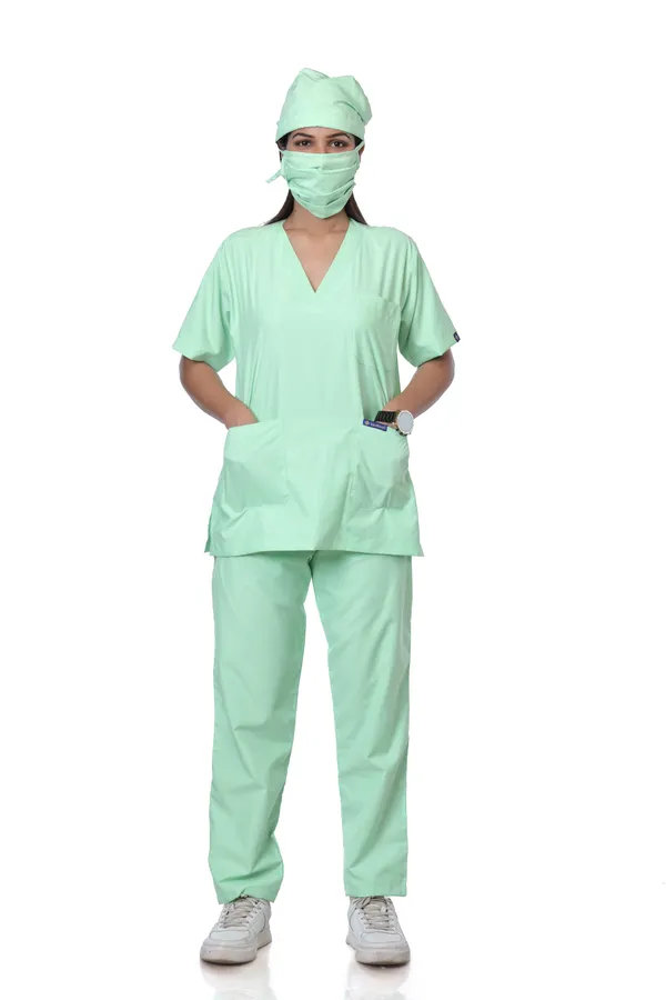 Pastel_Green_9_Pocket_Scrub_V_Neck_With_Cap_&_Mask_For_Women