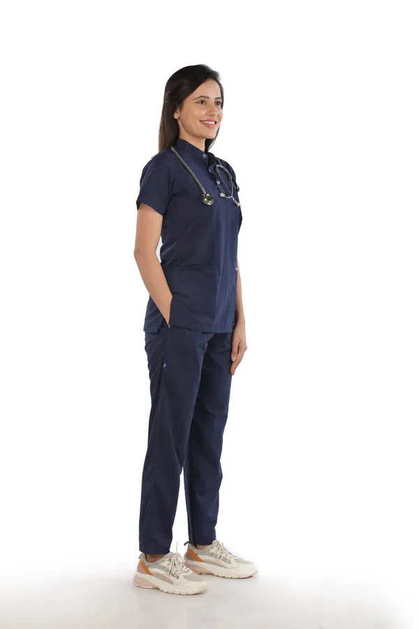 Navy_Blue_5_Pocket_Mandarin_Collar_Scrub_With_Cap_&_Mask_For_Women