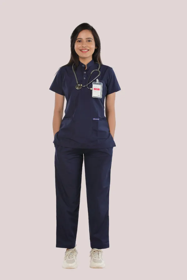 Navy_Blue_5_Pocket_Mandarin_Collar_Scrub_With_Cap_&_Mask_For_Women