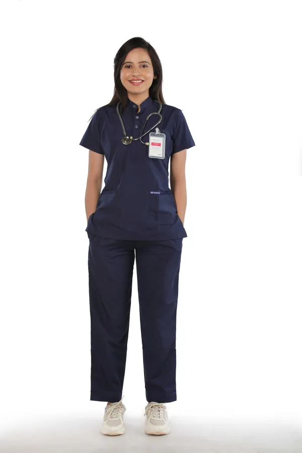 Navy_Blue_5_Pocket_Mandarin_Collar_Scrub_With_Cap_&_Mask_For_Women