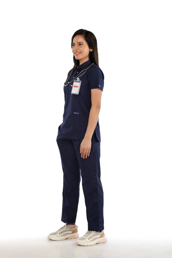 Navy_Blue_5_Pocket_Mandarin_Collar_Scrub_With_Cap_&_Mask_For_Women