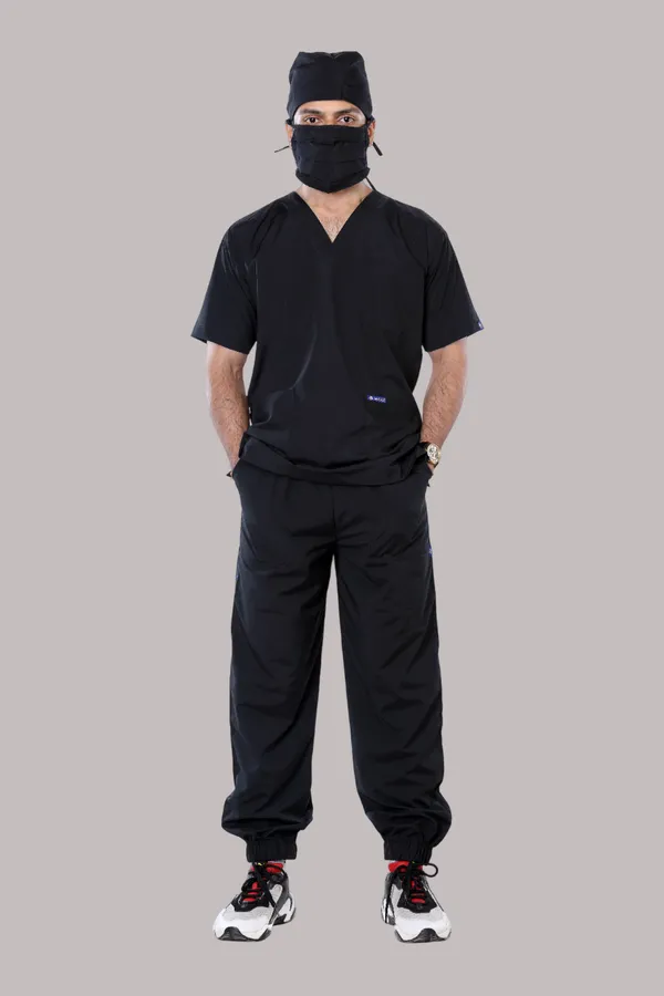 Black_7_Pocket_V_Neck_Scrub_With_Cap_&_Mask_For_Men