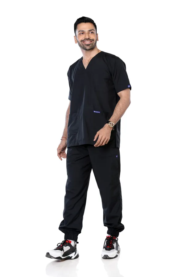 Black_7_Pocket_V_Neck_Scrub_With_Cap_&_Mask_For_Men