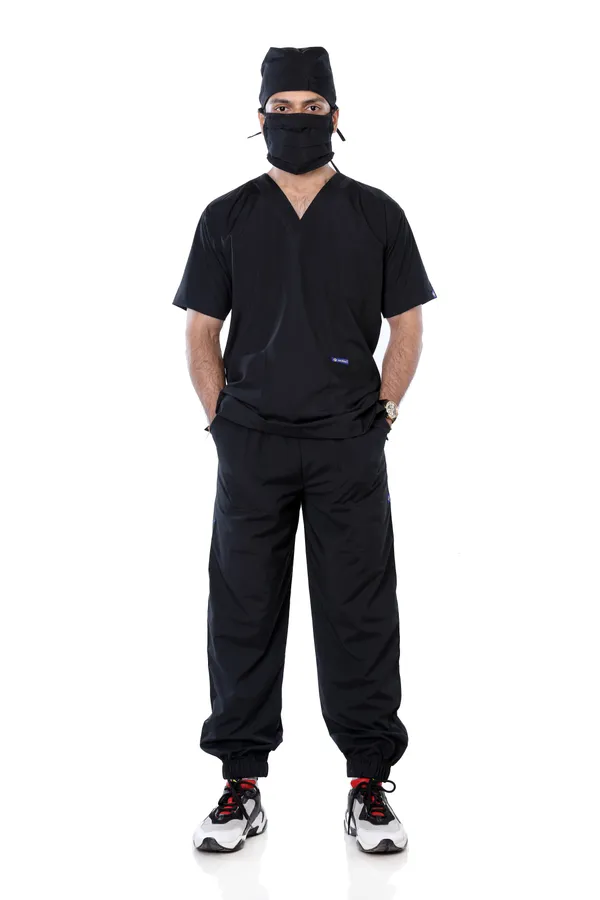 Black_7_Pocket_V_Neck_Scrub_With_Cap_&_Mask_For_Men