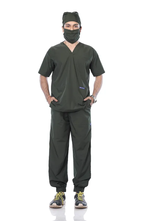 Forest_Green_7_Pocket_V_Neck_Scrub_With_Cap_&_Mask_For_Men