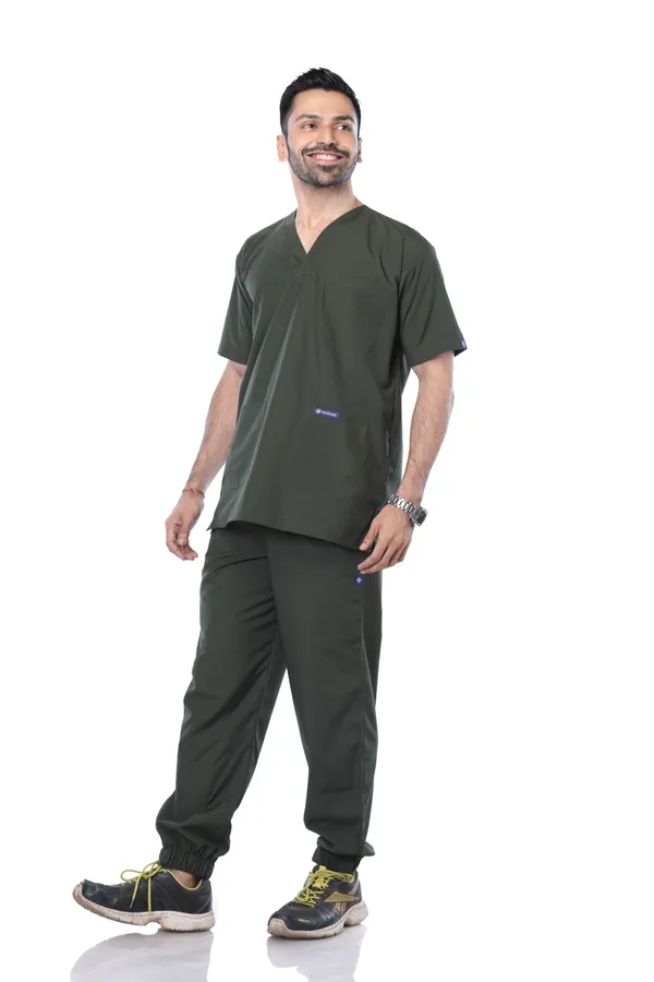 Forest_Green_7_Pocket_V_Neck_Scrub_With_Cap_&_Mask_For_Men