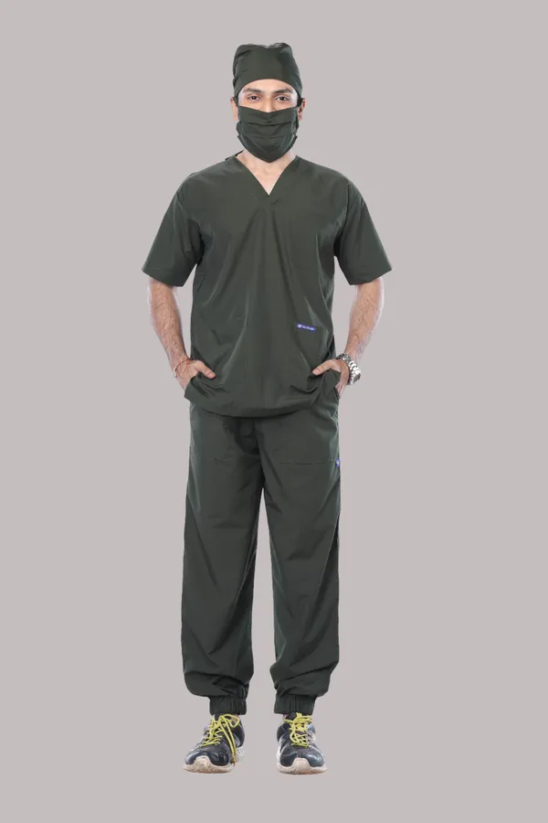 Forest_Green_7_Pocket_V_Neck_Scrub_With_Cap_&_Mask_For_Men
