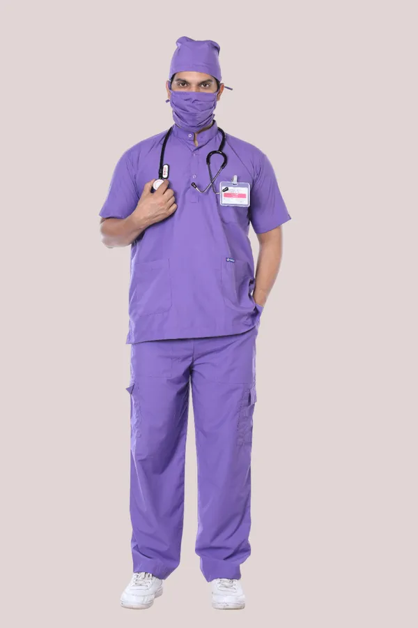 Lavender_9_Pocket_Mandarin_Collar_Scrub_With_Cap_&_Mask_For_Men