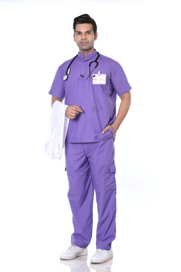 Lavender_9_Pocket_Mandarin_Collar_Scrub_With_Cap_&_Mask_For_Men